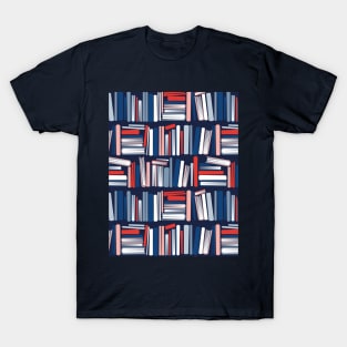 Colourful books // oxford navy blue bookshelf background neon red flesh coral white classic and pastel blue books T-Shirt